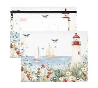 Quteprint Confezione da 2 astucci per raccoglitori a 3 anelli, motivo acquarello, faro, nave, fiori, astuccio A4 con cerniera trasparente, organizer resistente, grande capacità, per scuola e ufficio