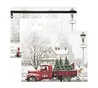 Quteprint Confezione da 2 astucci per raccoglitori a 3 anelli, motivo camion rosso di Babbo Natale, astuccio A4 con cerniera trasparente, organizer resistente, grande capacità, per scuola e ufficio