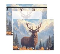 Quteprint Confezione da 2 astucci per raccoglitori a 3 anelli, motivo cervi, montagne, foreste, alberi, formato A4, con cerniera trasparente, organizer resistente, grande capacità, per scuola, ufficio