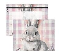 Quteprint Confezione da 2 astucci per raccoglitori a 3 anelli, motivo floreale ad acquerello, con coniglietto pasquale a quadretti, formato A4, con cerniera trasparente, organizer resistente, grande