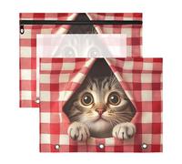 Quteprint Confezione da 2 astucci per raccoglitori a 3 anelli, motivo gatto carino che sbircia fuori a quadri, astuccio A4 con cerniera trasparente, organizer resistente, grande capacità, per scuola