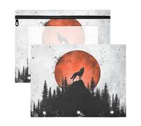 Quteprint Confezione da 2 astucci per raccoglitori a 3 anelli, motivo: lupo ululante con luna rossa, formato A4, con finestra trasparente con cerniera, organizer resistente, grande capacità, per