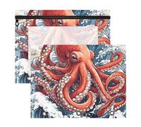 Quteprint Confezione da 2 astucci per raccoglitori a 3 anelli, motivo onde oceaniche, polipo, formato A4, con cerniera trasparente, organizer resistente, grande capacità, per scuola, ufficio e trucco