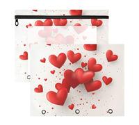 Quteprint Confezione da 2 astucci per raccoglitori a 3 anelli, per San Valentino, con cuori rossi, formato A4, con finestra trasparente con cerniera, organizer resistente, grande capacità, per scuola