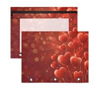 Quteprint Confezione da 2 astucci per raccoglitori a 3 anelli, per San Valentino, cuori e palloncini, formato A4, con finestra trasparente con cerniera, organizer resistente, grande capacità, per