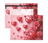 Quteprint Confezione da 2 astucci per raccoglitori a 3 anelli, per San Valentino, cuori e rose, formato A4, con finestra trasparente con cerniera, organizer resistente, grande capacità, per scuola