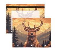 Quteprint Confezione da 2 astucci per raccoglitori a 3 anelli, raccoglitore con alberi di cervo e montagne di cervi, formato A4, con finestra trasparente con cerniera, organizer resistente, grande