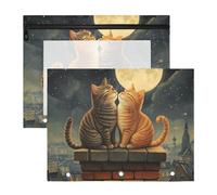 Quteprint Confezione da 2 astucci per raccoglitori a 3 anelli, romantico due gatti, luna e stelle, astuccio A4 con cerniera trasparente, organizer resistente, grande capacità, per scuola, ufficio e