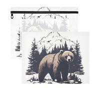 Quteprint Confezione da 2 astucci per raccoglitori a 3 anelli, stile vintage, con motivo orso e montagne, formato A4, con cerniera trasparente, organizer resistente, grande capacità, per scuola
