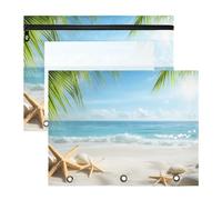 Quteprint Confezione da 2 astucci per raccoglitori a 3 anelli, Sunny Beach, foglie di palma, stelle marine, astuccio A4 con cerniera trasparente, organizer resistente, grande capacità, per scuola e