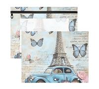 Quteprint Confezione da 2 astucci per raccoglitori a 3 anelli, Torre Eiffel Parigi, farfalle e Cars, formato A4, con finestra trasparente con cerniera, organizer resistente, grande capacità, per