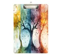Quteprint Four Seasons Tree - Tavoletta portablocco in acrilico, 22,9 x 31,8 cm, trasparente, antigraffio, con clip in metallo (argento) e gancio da parete, spessore 0,6 cm, per ufficio, classe