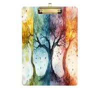 Quteprint Four Seasons Tree - Tavoletta portablocco in acrilico, 22,9 x 31,8 cm, trasparente, antigraffio, con clip in metallo (oro) e gancio da parete, spessore 0,6 cm, per ufficio, classe