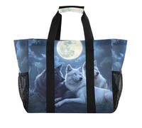 Quteprint Grande borsa da viaggio impermeabile per donne e uomini, animale, lupo al chiaro di luna e stelle, borsa da spiaggia in tela con fodera e tasche, riutilizzabile, per generi alimentari