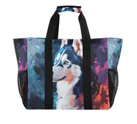Quteprint Grande borsa da viaggio impermeabile per donne e uomini, arte astratta, cane husky, borsa da spiaggia in tela, con fodera e tasche, riutilizzabile, per generi alimentari, lavanderia, cucina