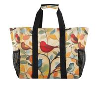 Quteprint Grande borsa da viaggio impermeabile per donne e uomini, borsa da spiaggia in tela colorata con uccelli e rami, con fodera e tasche, riutilizzabile, per generi alimentari, lavanderia, cucina