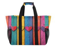 Quteprint Grande borsa da viaggio impermeabile per donne e uomini, borsa da spiaggia in tela colorata con cuori in legno con fodera e tasche, riutilizzabile, per generi alimentari, lavanderia, cucina