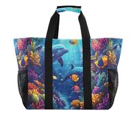 Quteprint Grande borsa da viaggio impermeabile per donne e uomini, borsa da spiaggia in tela con delfini, fodera e tasche, riutilizzabile, per generi alimentari, lavanderia, cucina, piscina, picnic