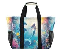 Quteprint Grande borsa da viaggio impermeabile per donne e uomini, borsa da spiaggia in tela con delfini marini, sirena, con fodera e tasche, riutilizzabile, per generi alimentari, lavanderia, cucina