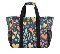 Quteprint Grande borsa da viaggio impermeabile per donne e uomini, borsa da spiaggia in tela con fiori primaverili e cuori con fodera e tasche, riutilizzabile, per generi alimentari, lavanderia