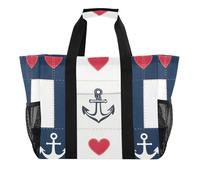 Quteprint Grande borsa da viaggio impermeabile per donne e uomini, borsa da spiaggia in tela con motivo ancora nautica a righe e cuori con fodera e tasche, riutilizzabile, per generi alimentari