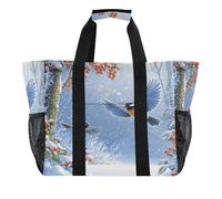 Quteprint Grande borsa da viaggio impermeabile per donne e uomini, borsa da spiaggia in tela con stampa di uccelli innevati, fodera e tasche, riutilizzabile, per generi alimentari, lavanderia, cucina