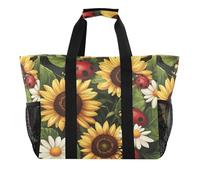 Quteprint Grande borsa da viaggio impermeabile per donne e uomini, coccinelle, girasole, margherite, fiori, borsa da spiaggia in tela con fodera e tasche, riutilizzabile, per generi alimentari