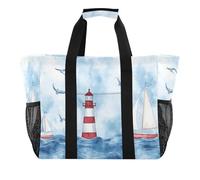 Quteprint Grande borsa da viaggio impermeabile per donne e uomini, con barche a vela ad acquerello, faro, nave, borsa da spiaggia, in tela, con fodera e tasche, riutilizzabile, per generi alimentari