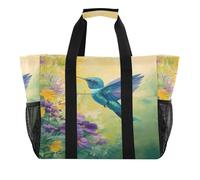 Quteprint Grande borsa da viaggio impermeabile per donne e uomini, con colibrì blu, fiori di campo, borsa da spiaggia in tela con fodera e tasche, riutilizzabile, per generi alimentari, lavanderia