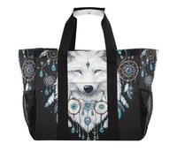 Quteprint Grande borsa da viaggio impermeabile per donne e uomini, con cuori e piume di lupo, borsa da spiaggia in tela con fodera e tasche, riutilizzabile, per generi alimentari, lavanderia, cucina