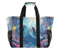 Quteprint Grande borsa da viaggio impermeabile per donne e uomini, con delfino oceano, sirena, borsa da spiaggia in tela, con fodera e tasche, riutilizzabile, per generi alimentari, lavanderia, cucina
