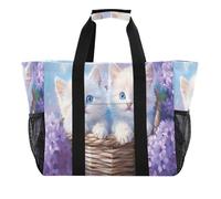 Quteprint Grande borsa da viaggio impermeabile per donne e uomini, con due simpatici gattini e fiori, borsa da spiaggia in tela con fodera e tasche, riutilizzabile, per generi alimentari, lavanderia