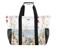 Quteprint Grande borsa da viaggio impermeabile per donne e uomini, con faro ad acquerello, nave fiori, borsa da spiaggia in tela con fodera e tasche, riutilizzabile, per generi alimentari, lavanderia
