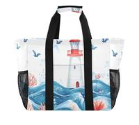 Quteprint Grande borsa da viaggio impermeabile per donne e uomini, con faro di mare, uccelli, borsa da spiaggia in tela con fodera e tasche, riutilizzabile, per generi alimentari, lavanderia, cucina