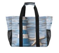 Quteprint Grande borsa da viaggio impermeabile per donne e uomini, con faro e stella marina, borsa da spiaggia in tela con fodera e tasche, riutilizzabile, per generi alimentari, lavanderia, cucina