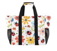 Quteprint Grande borsa da viaggio impermeabile per donne e uomini, con fiori colorati di coccinelle e fiori, borsa da spiaggia in tela con fodera e tasche, riutilizzabile, per generi alimentari