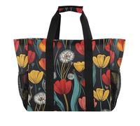 Quteprint Grande borsa da viaggio impermeabile per donne e uomini, con fiori colorati, tulipani, dente di leone, borsa da spiaggia in tela con fodera e tasche, riutilizzabile, per generi alimentari