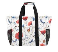 Quteprint Grande borsa da viaggio impermeabile per donne e uomini, con fiori da giardino, papaveri e farfalle, borsa da spiaggia in tela con fodera e tasche, riutilizzabile, per generi alimentari