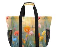 Quteprint Grande borsa da viaggio impermeabile per donne e uomini, con fiori di campo di papaveri, borsa da spiaggia in tela con fodera e tasche, riutilizzabile, per generi alimentari, lavanderia