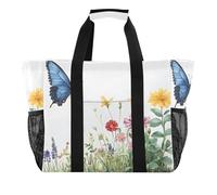 Quteprint Grande borsa da viaggio impermeabile per donne e uomini, con fiori di campo e farfalle, borsa da spiaggia in tela con fodera e tasche, riutilizzabile, per generi alimentari, lavanderia