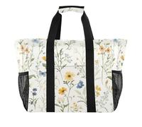 Quteprint Grande borsa da viaggio impermeabile per donne e uomini, con fiori di campo, erbe e farfalle, borsa da spiaggia in tela con fodera e tasche, riutilizzabile, per generi alimentari, lavanderia