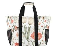 Quteprint Grande borsa da viaggio impermeabile per donne e uomini, con fiori di campo, tulipani e farfalle, borsa da spiaggia in tela con fodera e tasche, riutilizzabile, per generi alimentari