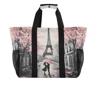Quteprint Grande borsa da viaggio impermeabile per donne e uomini, con fiori di ciliegio rosa di Parigi, borsa da spiaggia in tela con fodera e tasche, riutilizzabile, per generi alimentari