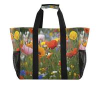 Quteprint Grande borsa da viaggio impermeabile per donne e uomini, con fiori di papavero e fiori di campo, borsa da spiaggia in tela con fodera e tasche, riutilizzabile, per generi alimentari