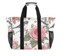 Quteprint Grande borsa da viaggio impermeabile per donne e uomini, con fiori di rosa e uccelli, borsa da spiaggia in tela con fodera e tasche, riutilizzabile, per generi alimentari, lavanderia, cucina