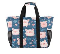 Quteprint Grande borsa da viaggio impermeabile per donne e uomini, con fiori e maiali, borsa da spiaggia in tela con fodera e tasche, riutilizzabile, per generi alimentari, lavanderia, cucina, piscina