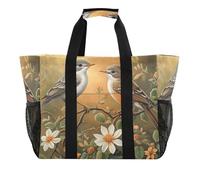 Quteprint Grande borsa da viaggio impermeabile per donne e uomini, con fiori e uccelli su un ramo d'albero, borsa da spiaggia in tela con fodera e tasche, riutilizzabile, per generi alimentari