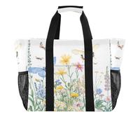 Quteprint Grande borsa da viaggio impermeabile per donne e uomini, con fiori primaverili, erbe aromatiche, farfalle, borsa da spiaggia in tela, con fodera e tasche, riutilizzabile, per generi
