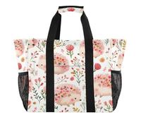 Quteprint Grande borsa da viaggio impermeabile per donne e uomini, con foglie floreali e riccio, borsa da spiaggia in tela con fodera e tasche, riutilizzabile, per generi alimentari, lavanderia
