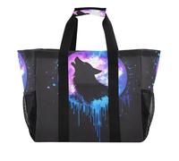 Quteprint Grande borsa da viaggio impermeabile per donne e uomini, con lupo ululante e luna, borsa da spiaggia in tela con fodera e tasche, riutilizzabile, per generi alimentari, lavanderia, cucina